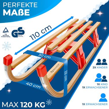 Дерев'яний санчата KESSER® Premium з буку, складні, з тяговим тросом та металевими чіпами, без спинки, червоні