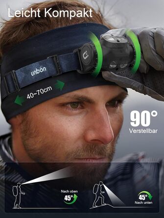 Налобний ліхтар UNBON LED акумуляторний, перезаряджається через USB-C, дуже яскравий, з регулюванням яскравості, 3 режими, сенсор, IPX4, вологостійкий, для туризму, риболовлі, 2 шт.