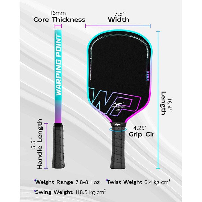 Ракетка для піклболу Warping Point Neon Gen 3, вуглецеве волокно T700, 16 мм EdgeFusion Core, термоформована рама, UPA-схвалено, синьо-фіолетовий градієнт