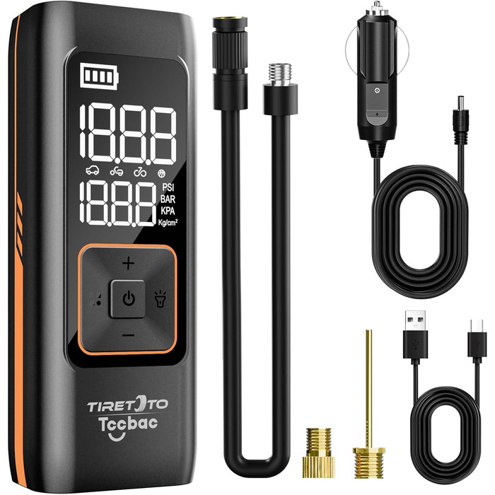 Електричний насос Tccbac 12V 7800mAh, портативний компресор 150PSI з LED підсвіткою, манометром та Powerbank для авто, мотоцикла, велосипеда і м'ячів