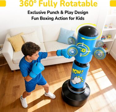 Дитячий боксерський мішок на 360° з підставкою 165 см, комплект з боксерськими рукавичками та електричним насосом, для дітей 6-14 років, ідеальний подарунок для карате