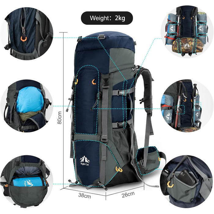Рюкзак Night Cat 90L для туризму, подорожей, кемпінгу, дихаючий, чоловічий/жіночий, для трекінгу, альпінізму, велоподорожей, синій