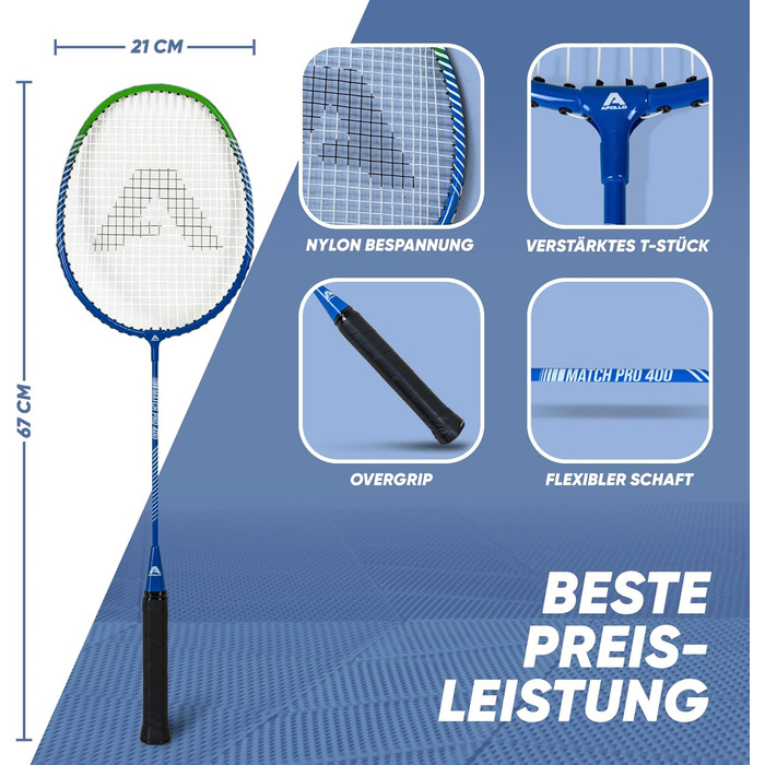 Набір для бадмінтона Apollo Match Pro 400: ракетки для дітей та дорослих, легкі алюмінієві ракетки, комплект з сумкою (синьо-зелений)