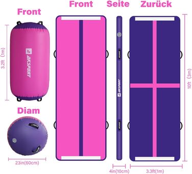 Airtrack AKSPORT з роликом для гімнастики: надувна килимок для дому, йоги, чеерлідингу, акробатики, ролінгів, 3м, рожевий