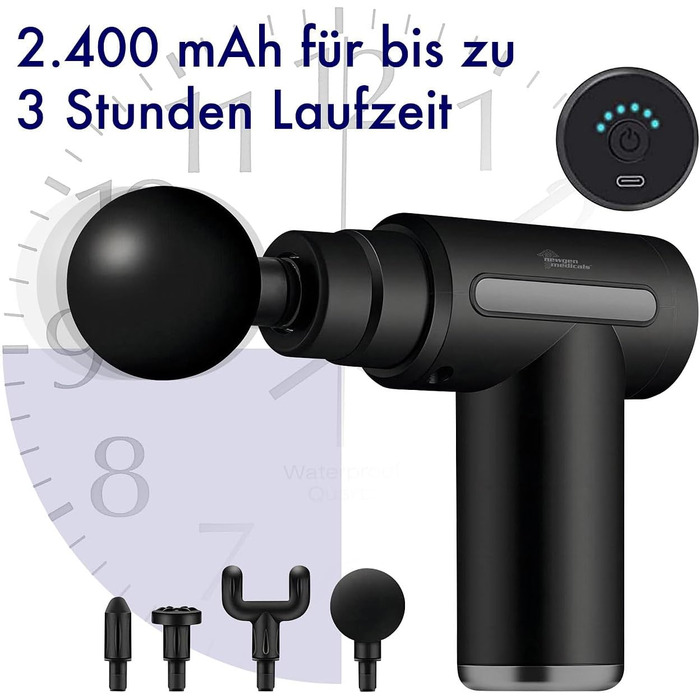Масажний пістолет Newgen Medicals: Компактний акумуляторний масажер для рук з 4 насадками, 6 рівнів, USB-C, 30W