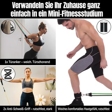 Фітнес-гумки Bindokun: набір з 5 еластичних стрічок для силових тренувань, фітнесу, пілатесу. З ручками, фіксаторами для ніг та дверей. Для жінок та чоловіків.