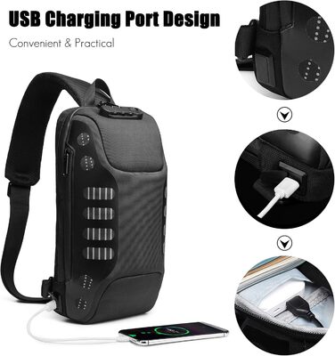 FANDARE антивандальний слінг-рюкзак з USB, водонепроникний поліестер, чорний, для чоловіків і жінок, для подорожей, спорту, велоспорту та туризму
