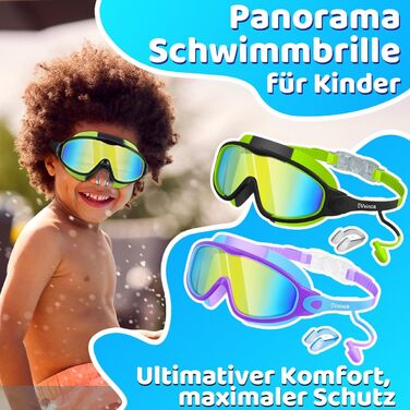 Дитячі окуляри для плавання Vvinca з носовими затискачами, широким кутом огляду, захистом від запотівання та УФ-фільтром, водонепроникні, для дітей 3-14 років (хлопчики та дівчатка)