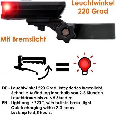 Фронтліхтар Nean CREE LED з акумулятором, світлодіодний велосипедний ліхтар з авторегулюванням та стоп-сигналом, 60 люкс, 6 cd, StVZO, велосипедна лампа, фара, задній ліхтар