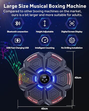 Музична бокс-машина Snawowo для дорослих і дітей з LED підсвіткою, Bluetooth, 9 режимами швидкості, електронний тренажер для боксу з музикою і лічильником ударів