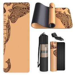 Килимок для йоги з натуральної корку, неслизький, унікальний дизайн, TPE, з сумкою, для дому, пілатесу, фітнесу (Слон)