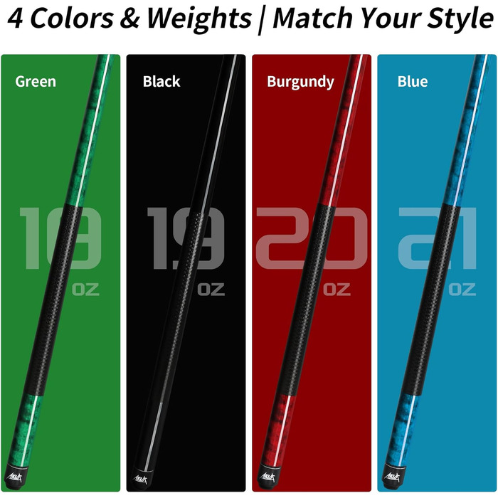 AKLOT Більярдний кий 58' (18oz-21oz) - канадський клен, 13 мм шкіряний наконечник, 3D ручка, прецизійне з'єднання, 4 кольори