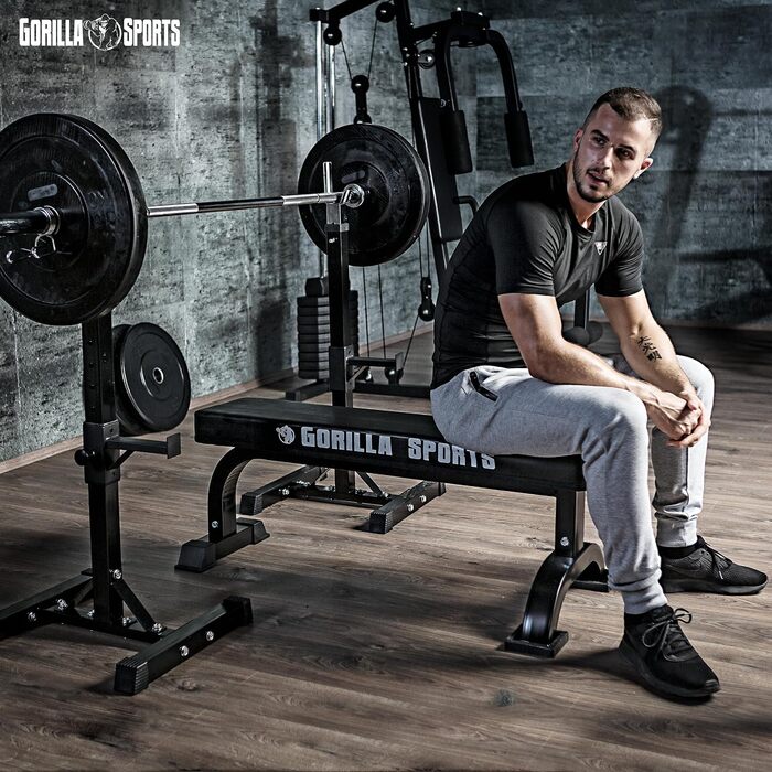 Стійка для штанги GORILLA SPORTS з набором гантелей 35 кг, SZ-грифом 120 см, регулювання висоти 6 і 14 рівнів, до 500 кг, сталь – стійка для штанги, присідань, Squat Rack