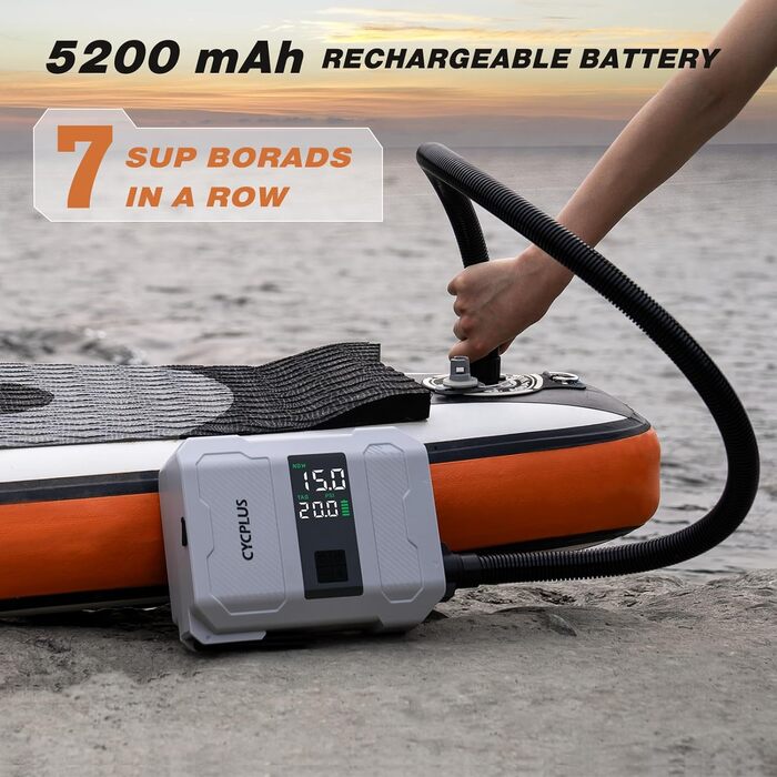 Електрична насосна станція CYCPLUS 20PSI для SUP-дошок, човнів, наметів і матраців – розумна швидка накачка, автоматичне вимкнення, подвійний LED-дисплей, акумуляторна