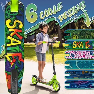 Дитячий та дорослий трюковий самокат Cityroller з дзвіночком та ременем | Регульована висота, складний, до 100 кг | Великі колеса, Kickscooter, Kickroller (Зелений)