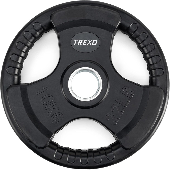 Диск для штанги з ручками TREXO 10 кг, чавунний, покритий, для фітнесу, кросфіту та силових тренувань