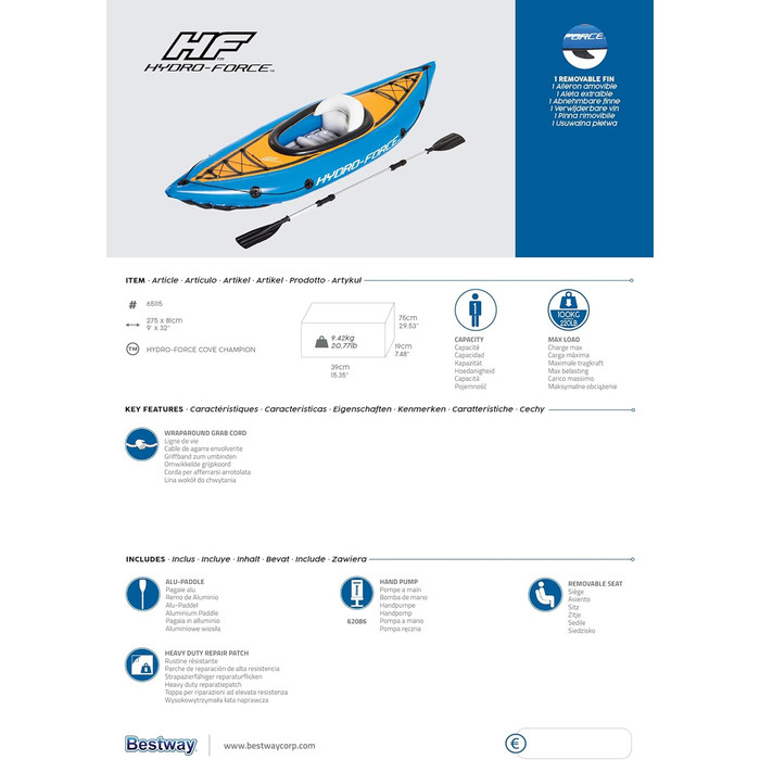 Надувний каяк Bestway Hydro-Force Cove Champion з веслом, 275 x 81 см