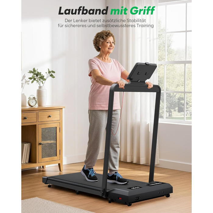 Тренажер для дому 2-в-1 Laufband Klappbar: складаний біговий килимок з нахилом 10%, потужність 3.0PS, LED-дисплей, для дому та офісу, до 145 кг, чорний з ручками