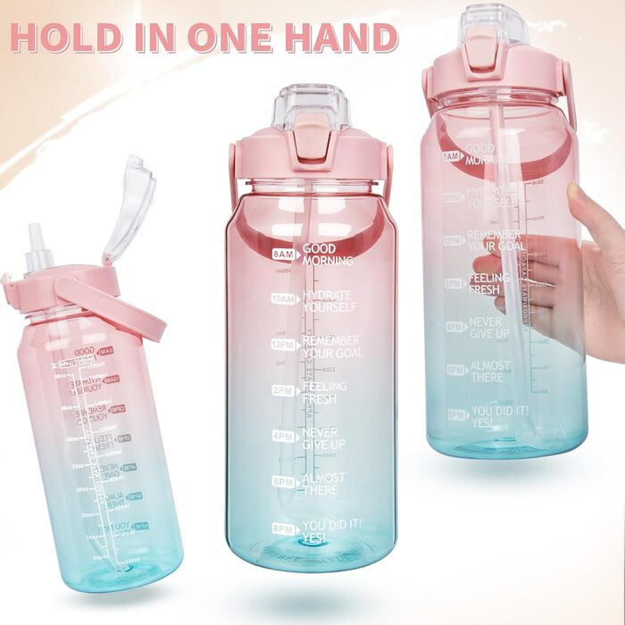 DEARRAY 2л пляшка для води Tritan з соломинкою та тайм-маркерами, BPA-free, мотиваційна, спортивна, для фітнесу, тренажерного залу, походів, прозора, рожево-бірюзова
