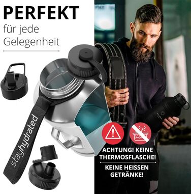 Спортивна пляшка з нержавіючої сталі ACTIVE FLASK 2,2 л з 3 кришками та трубочкою, BPA-free, герметична, підходить для газованої води, XL фляга для спорту, фітнесу, аутдору