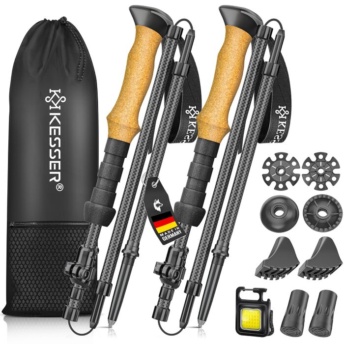 Трекінгові палиці KESSER® алюмінієві/карбонові з корковими ручками для хайкінгу, скандинавської ходьби, лиж та альпінізму (115-135 см) + ліхтарик для кемпінгу