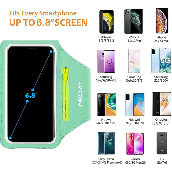 Спортивний браслет для бігу з відділенням для телефону та ключей (сумісний з iPhone 17/16/15/14/13/12/11 Pro Max/Plus), м'ятно-зелений