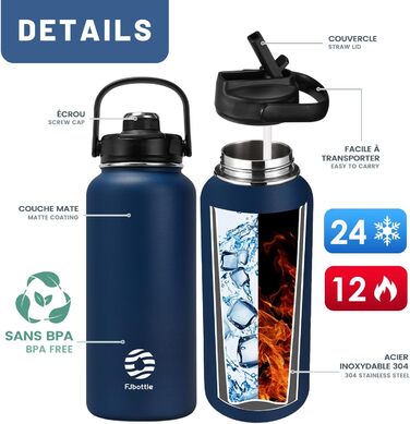 Термобутилка Fjbottle з нержавіючої сталі з трубочкою, 950/1200 мл, 2 кришки, BPA-free, герметична спортивна пляшка для води, велоспорту, школи, фітнесу, газованої води