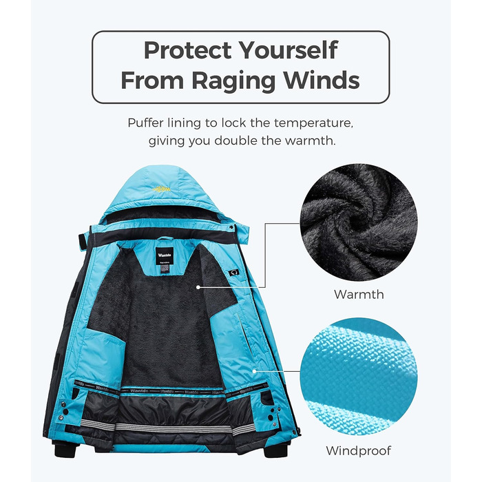 Жіноча гірськолижна куртка Wantdo, тепла флісова куртка, водонепроникна, дихаюча, вітрозахисна, з капюшоном, для активного відпочинку, турквіс, розмір M