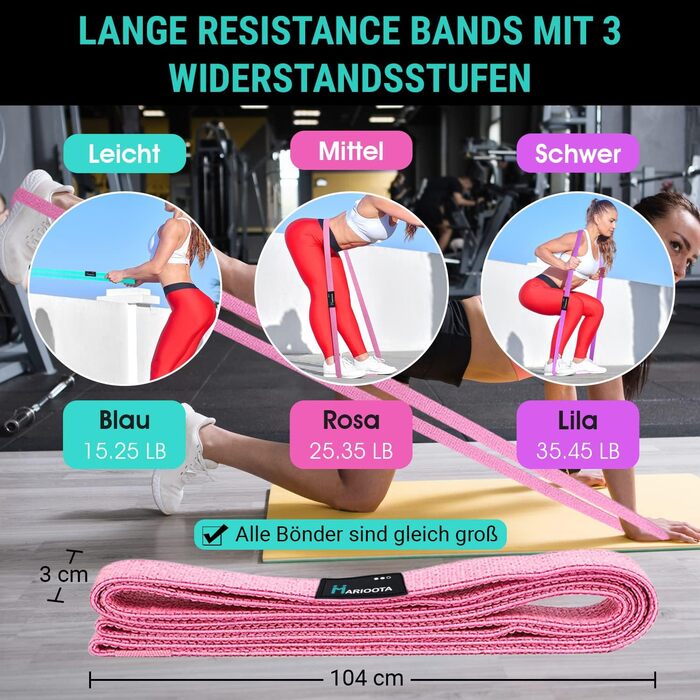 Набір з 3 еластичних стрічок для фітнесу - для м'язів, йоги, пілатесу - сині, рожеві, фіолетові - з сумкою