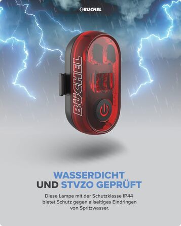 Заднє велоліхтар LED Büchel, акумуляторний, сертифікований StVZO, для велосипеда та електробіка (без функції показу гальмування)