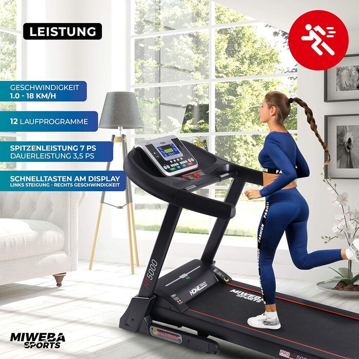 Електрична бігова доріжка Miweba Sports HT5000, 7 к.с., 18 км/год, нахил до 15%, до 150 кг, додаток, складана, велика бігова поверхня, 12 програм, домашній тренажер, фітнес-обладнання, чорна