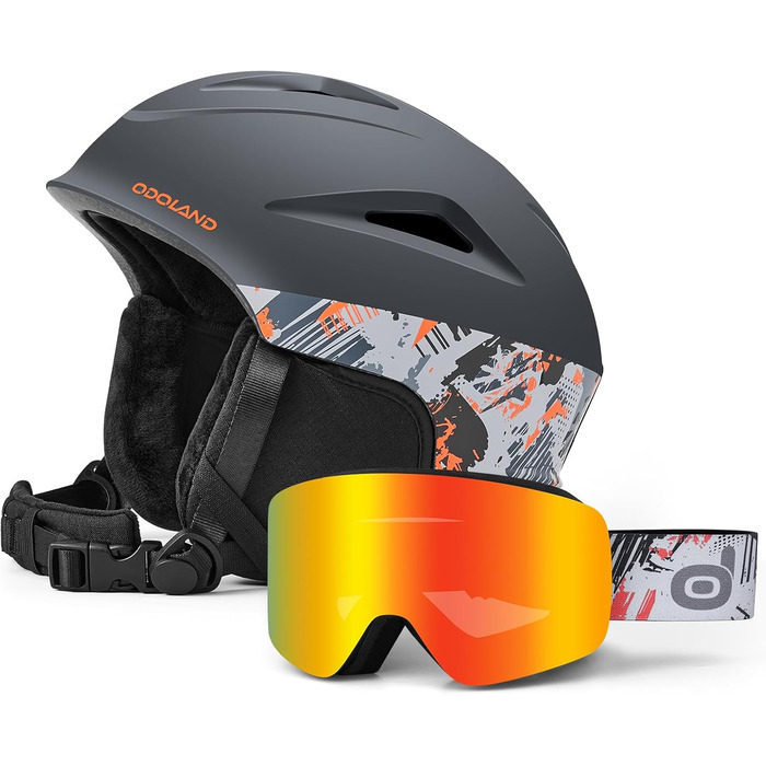 Шолом для сноуборду та лиж Odoland з маскою: захист UV 400, чорний + помаранчевий, розмір L (60-61 см)