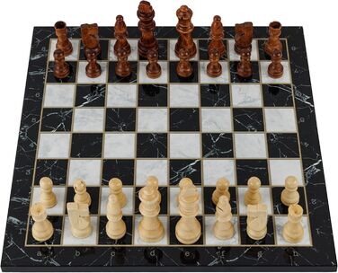 Класична шахова дошка з дерева HBS GAMES, 37 см, чорний мармур, ручна робота, набір шахи та шашки, сімейна настільна гра