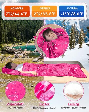 Спальний мішок KingCamp для дітей, фланелевий, легкий, водонепроникний, компактний, зимовий, 4 сезони, для кемпінгу, підходить для дітей до 140 см, комфортна температура: 7°C, рожевий, регульована довжина