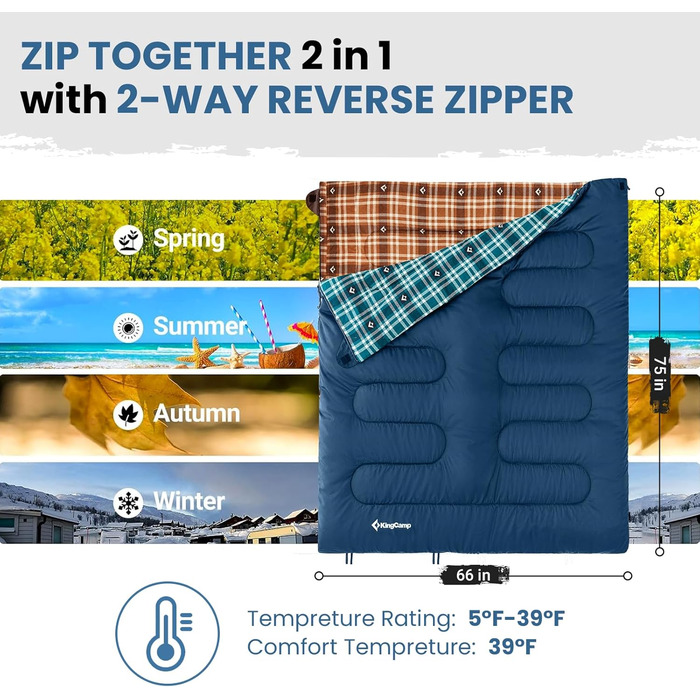 Сплячий мішок KingCamp для дорослих, для холодної погоди, великий XL для високих та повних, фланелевий, з компресійним мішком, водонепроникний, для кемпінгу (190,5 x 83,8 см, морський блакитний, права блискавка)