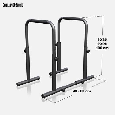 GORILLA SPORTS® Бруси для віджимань та діпів, регульовані, 80-100 см, нековзні, сталь, до 500 кг, чорні – паралети, станція для діпів, обладнання для калістеніки для дому
