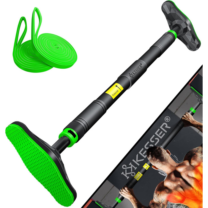 KESSER® Турнік для дверей регульований, турнік для домашніх тренувань, турнік без свердління, висувний 68-106 см, вантажопідйомність до 300 кг, з неслизькими ручками, з еластичними стрічками (зелені)