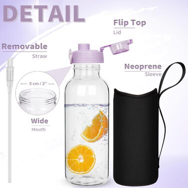 Скляна пляшка для води DEARRAY 2 л з трубочкою, чохлом, без BPA, для спорту, смузі, газованої води, лілова кришка