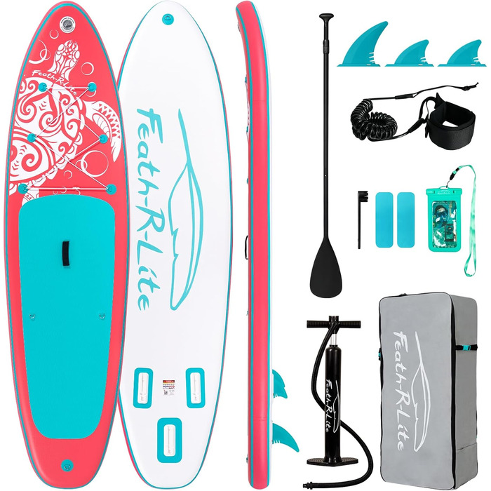 Надувний SUP Борд FEATH-R-LITE для дорослих: стабільний дизайн, комплект аксесуарів (весло, насос, сумка), рожевий колір