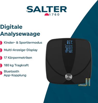 Електронна вага Salter для аналізу складу тіла – розумна вага з мультидисплеєм, 180 кг, 17 показників тіла (вага, жир, вода, м'язи, кістки, BMI, BMR), чорний колір