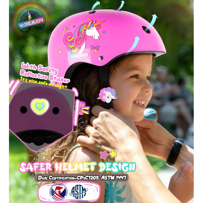 Дитячий шолом Einhorn для дівчаток з наколінниками. Захист для роликів, скейтборду, самокату та велосипеда. Розмір S (3-6 років). Рожевий колір.