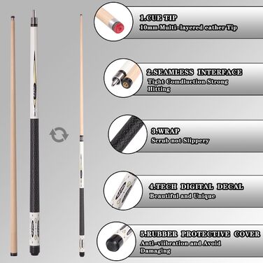 Більярдні киї з канадського клена, 147.3 см, 2 частини. Кий для пулу з низьким перехідником, для дому та барів. Різні діаметри наконечника: 10 мм/11.5 мм/13 мм.