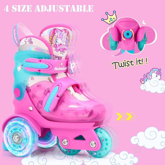 Дитячі ролики Kinder Einhorn для дівчаток та хлопчиків, з підсвічуванням, регульовані, 4 розміри, для початківців, подарунок