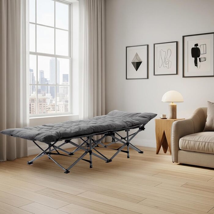 Розкладне ліжко Bonnlo для кемпінгу з матрацом – ліжко для риболовлі, відпочинку на природі, у саду, на пляжі, 190×71x36 см, сірий