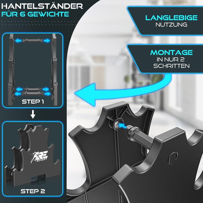 Набір гантелей RE:SPORT® 18 кг з підставкою та фітнес-гумками | 3 пари гантелей (1-5 кг) | Нековзкі гантелі з неопрену для жінок та чоловіків | Кольори: блакитний, сірий, темно-синій