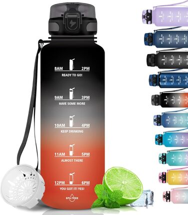 Спортивна пляшка для води Grsta 1,5 л, BPA Free, з фільтром, для газованої води, герметична, з часовою розміткою, чорна-червона, для спорту, школи, офісу та вулиці