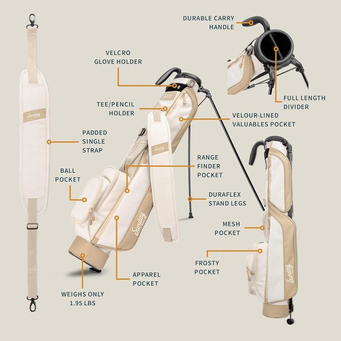Гольф сумка Sunday Loma: легка сумка з ременем та стійкою, для пітч-н-пут гольфу, курсів Par 3 та Executive, 79 см (однорозмірний, Toasted Almond)