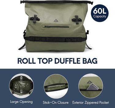 Водонепроникний рюкзак Haimont 60L, RollTop, для пляжу, човнів, каяків, кемпінгу, риболовлі та мотоциклів (армійний зелений)