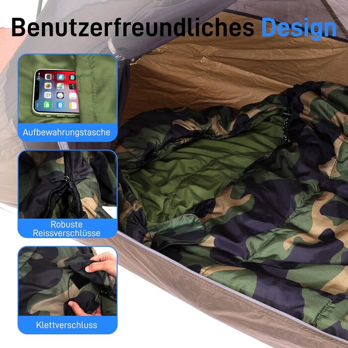 Спальний мішок SereneLife для кемпінгу - теплий, водонепроникний, для зимового відпочинку, діапазон температур -15°C до 12°C, компактний, з компресійним мішком та подушкою, камуфляж