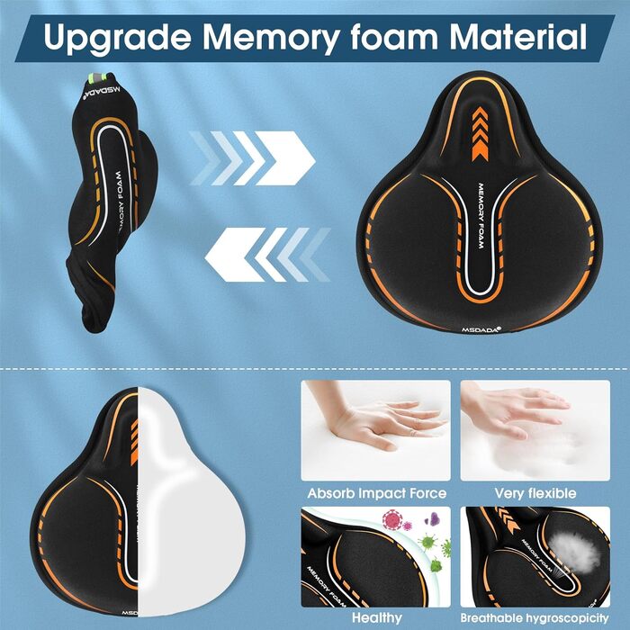 Подушка на сидіння велосипедного сидіння MSDADA, гелевий наповнювач, широка, з піною з пам'яті, для MTB, велотренажера, Peloton, зручна для жінок, чоловіків, літніх людей (Помаранчевий)